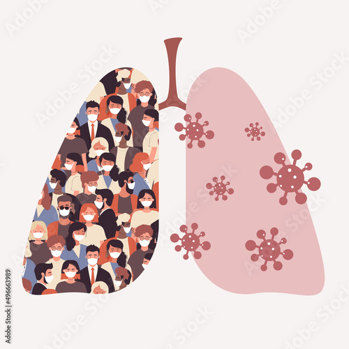 Diversity crowd of tiny people in medical masks and coronavirus germs inside big lungs. City air pollution problem of Earth, danger of respiratory disease flat vector illustration. Awareness concept