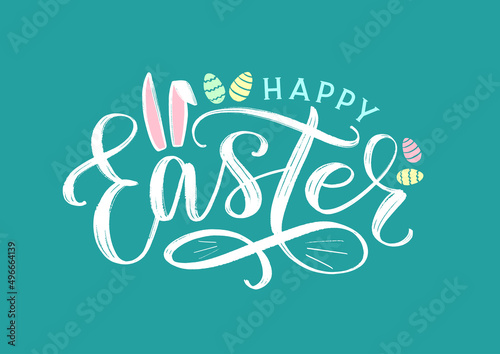 Happy Easter typography poster. Modern brush lettering Happy Easter with bunny ears and easter eggs as template for poster, web banner, card, postcard, invitation, promotion, label