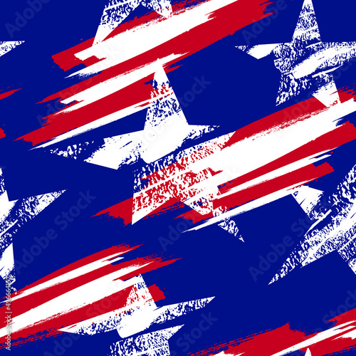 Abstract American Grunge seamless pattern. Endless america flag print with stars and shabby textured background, lines, brush track. 4th July repeated ornament. USA repeat print for wrapping paper