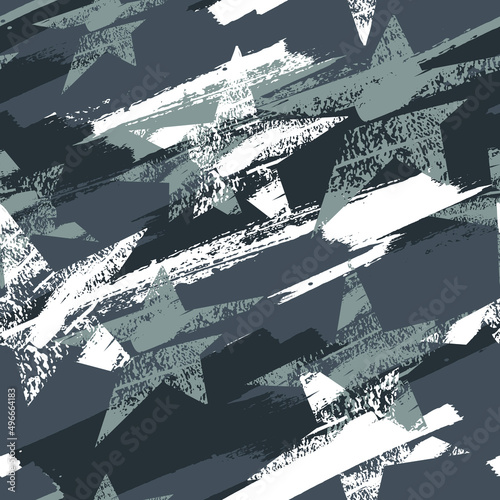 Abstract seamless Grunge stars pattern for sport textile, clothes, wrapping paper. Grey grungy endless ornament. Textured monochrome repeat print.