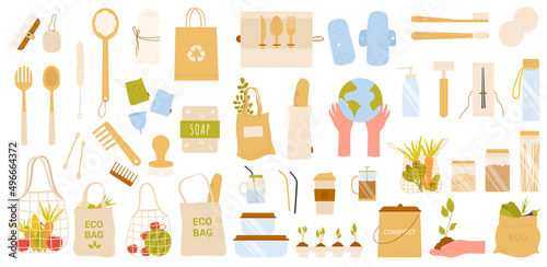 Zero waste set vector illustration. Cartoon paper food bags, reusable wooden and glass storage containers and bottles to reduce consumption, organic products isolated on white. eco friendly concept