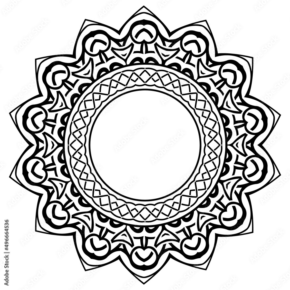 Abstract vector black and white illustration round beautiful tracery frame. Decorative vintage ethnic mandala pattern. Design element for tattoo or logo. Abstract vector black and white illustration round beautiful tracery frame. Decorative vintage ethnic mandala pattern. Design element for tattoo or logo.