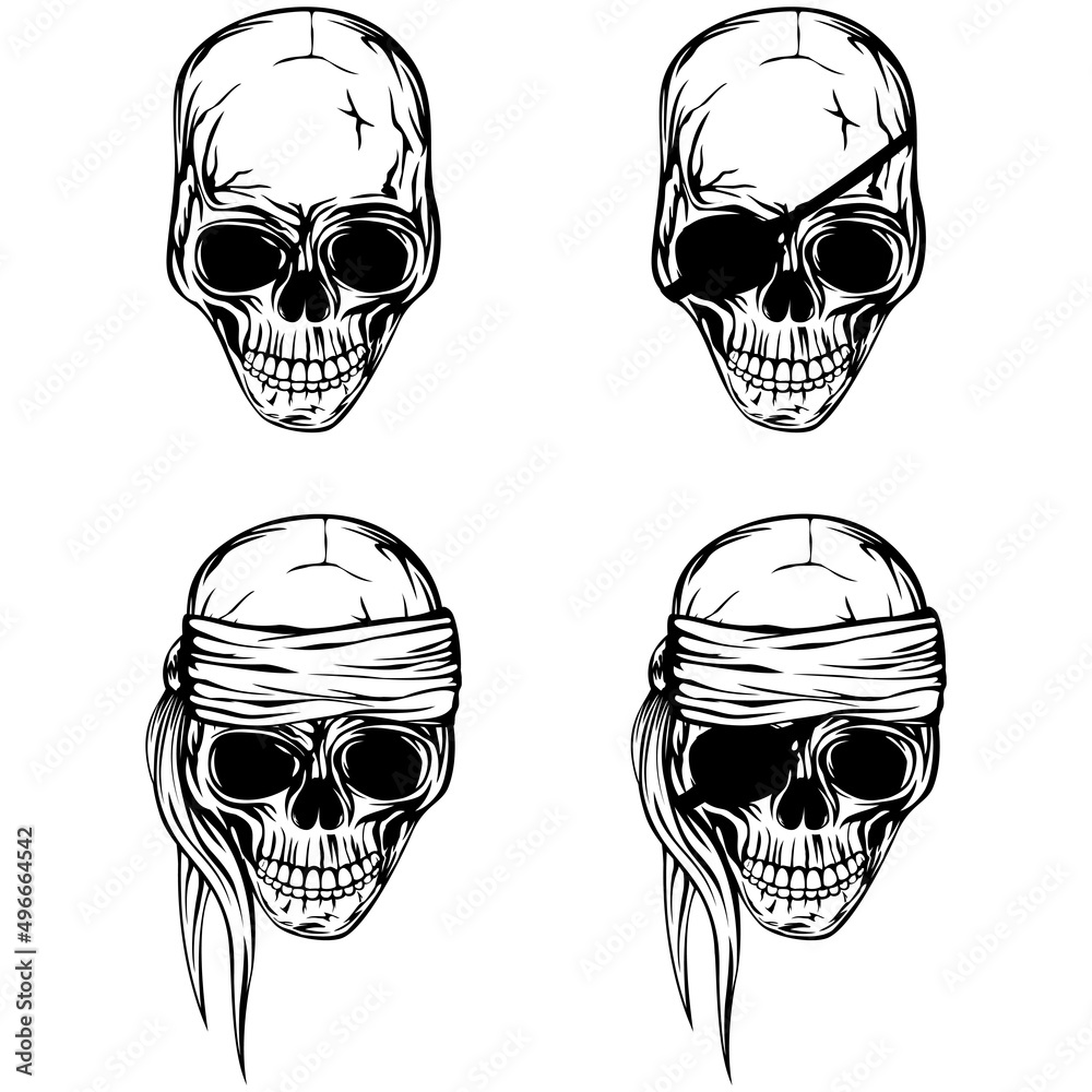 Vector illustration pirate skull set. Skull with a bandage on his head ...