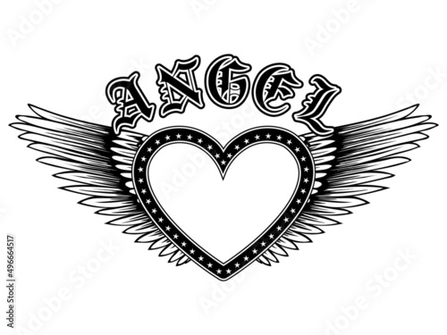 Abstract vector illustration frame black and white heart with stars on wing. Inscription angel in the Gothic style. Design for tattoo or print t-shirt .