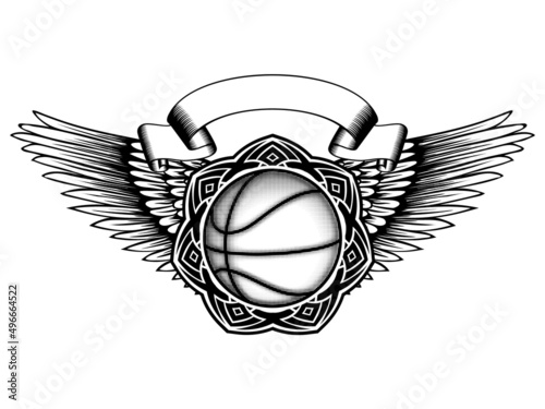 Abstract vector illustration black and white basketball ball on round ornament and wings. Design for tattoo or print t shirt.