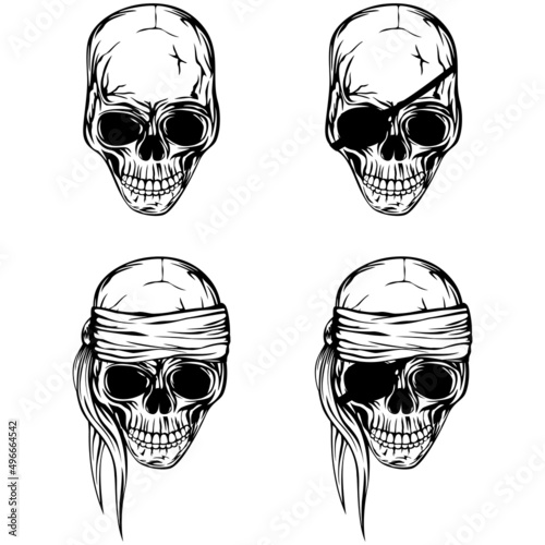 Vector illustration pirate skull set. Skull with a bandage on his head and without