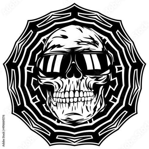 Abstract vector illustration disc jockey skull in sunglasses on round ornament. Design for tattoo or print t shirt.