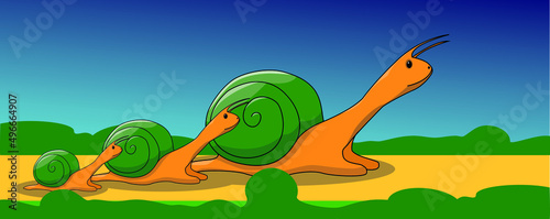 Snails crawl along the yellow path