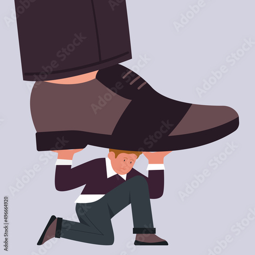 Man under giant trampling boot. Human pressure and domination, limiting freedom cartoon vector illustration