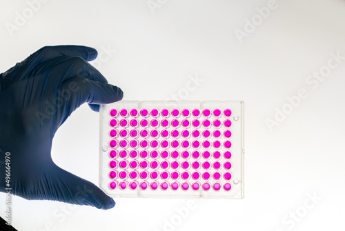 A microplate or microtiter plate or  microwell plate, multiwell,  is a flat plate with multiple  wells  used as small test tubes.  Microplate is a standard tool in analytical research and clinical   photo