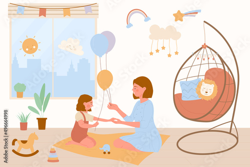 Happy mother and daughter playing together in home nursery with toys and cute furniture. Woman and girl sitting near window on floor to play with air balloons vector illustration. Family, love concept