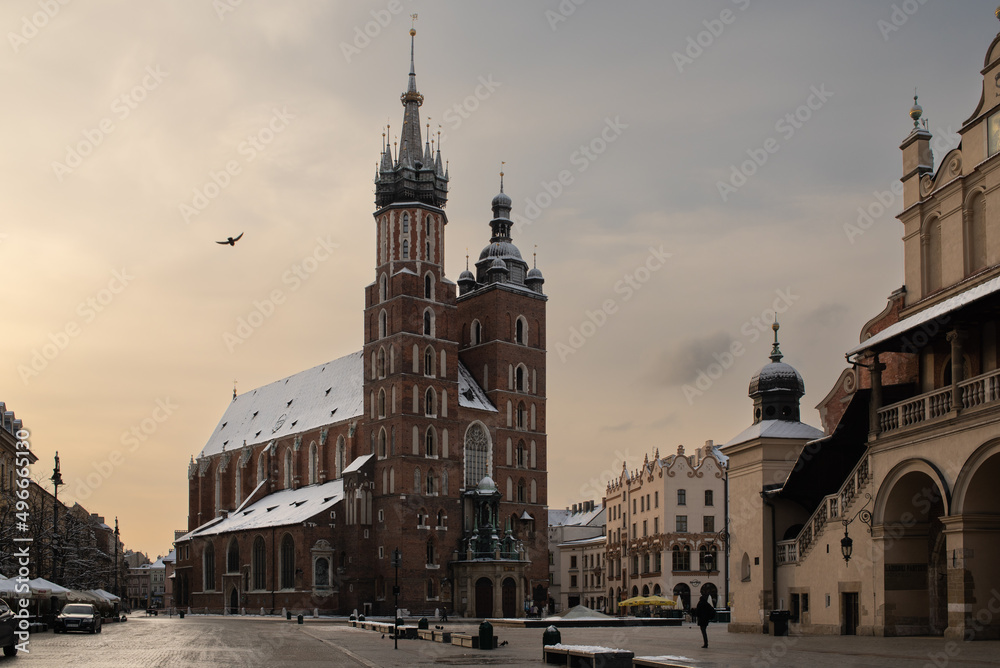  St. Mary's Basilica on the Krakow Main Square (Rynek Glowny) during the sunrise, Poland