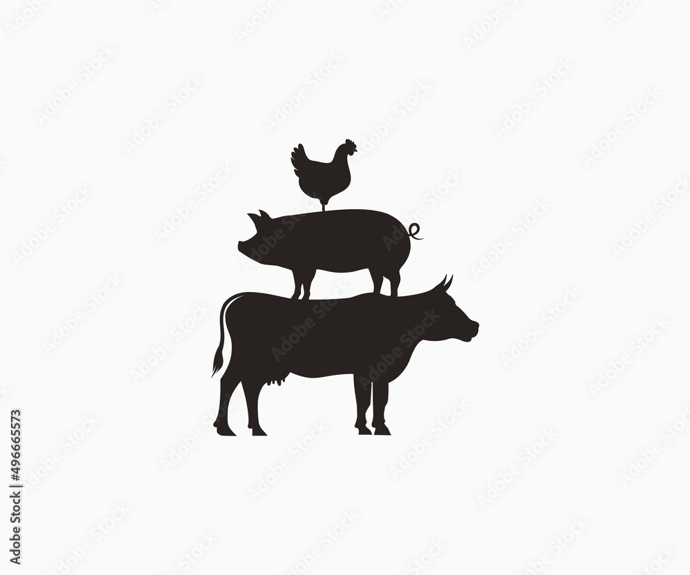 Cow Pig Chicken stencil Icon Vector. Farm animals stencil. Stacked cow pig chicken stencil.