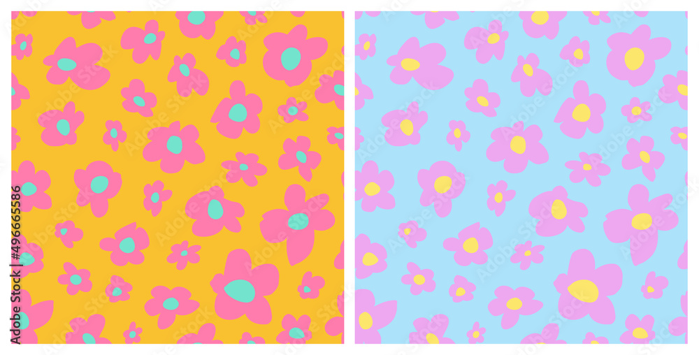 Retro ditsy daisy seamless repeat pattern. Set of random placed, vector flower power all over surface print.