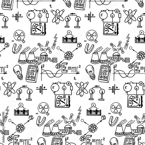 Nuclear physics. Scientific knowledge, formulas. Vintage education and scientific seamless pattern.  Vector hand-drawn illustration on whiteboard.