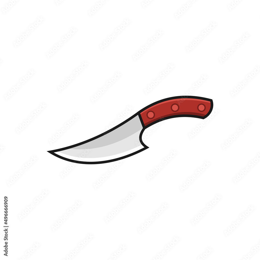 Obraz premium Modern curved kitchen knife logo template with a clean sketch style and a red handle accent. Perfect branding for culinary schools, catering services, restaurant kitchens, and professional chefs.
