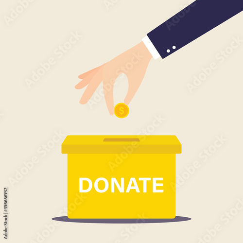 Human hand putting dollar coin in the donation box. EPS 10 vector illustration in flat style design.