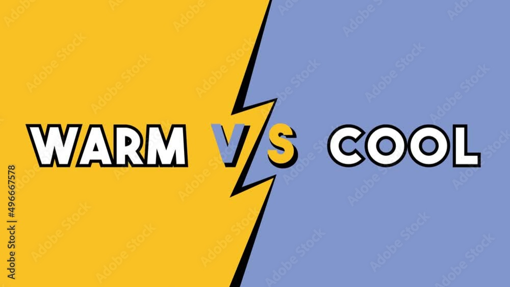 Versus concept in a bold toon style: warm vs cool. Visual dichotomy, appearing as a decoded text message, with the screen split in two parts.
