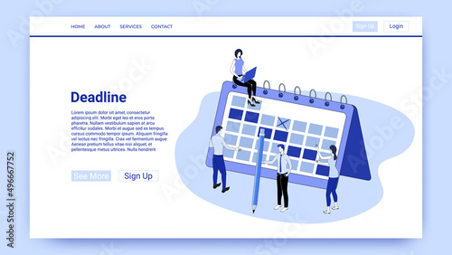 Deadline.Time management and time control.People are planning work against the background of a large calendar.The illustration in the style of the landing page is blue.