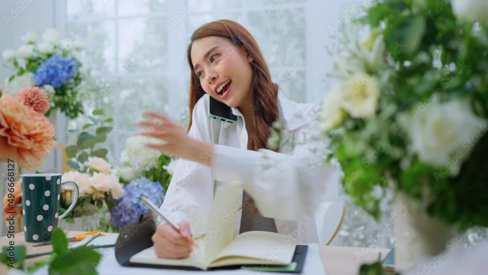 taking order florist working from home,young asian florist making list from client order to arrange flower bouqet vase delivery, Flower design store. happiness smiling young lady making flower vase taking order florist working from home,young asian florist making list from client order to arrange flower bouqet vase delivery, Flower design store. happiness smiling young lady making flower vase