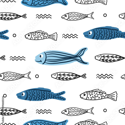Hand drawn seamless pattern with cute, funny fishes with abstract lines ornaments