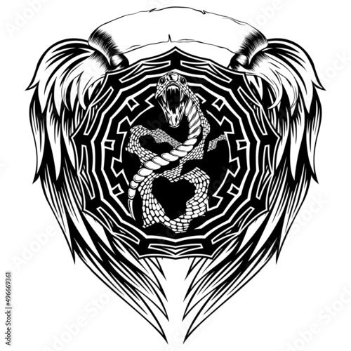 Abstract vector illustration black and whide snake with open mouth and round ornament on wings. Design for print on fabric or t-shirt.