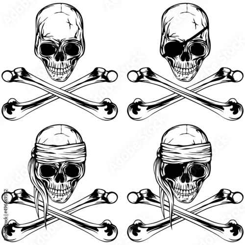 Vector illustration pirate skull and crossed bonnes set. Skull with eye patch and without.