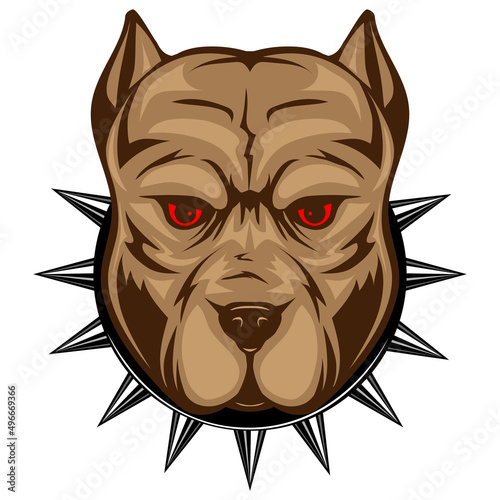 Abstract vector color illustration portrait of fighting dogs. Head of dog breed pit bull with collar with spikes.