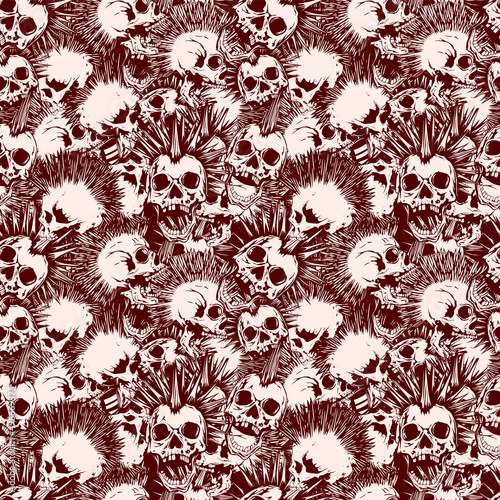 Abstract vector illustration pink and bordeaux punk skulls with mohawk hair seamless background. Design for print on fabric or t-shirt.