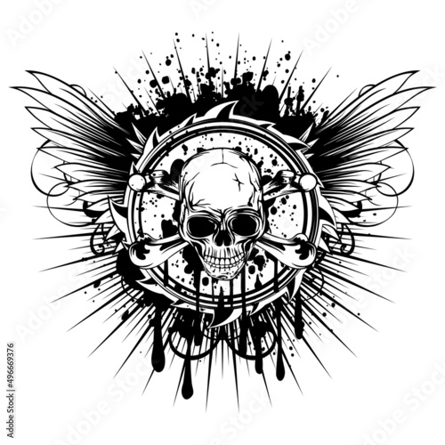 Vector illustration pirate skull with crossed bones and wings on grunge background