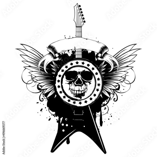 Vector illustration stamp skull and electric guitar on wings and grunge background. Hard rock sign. Design for t-shirt or poster print