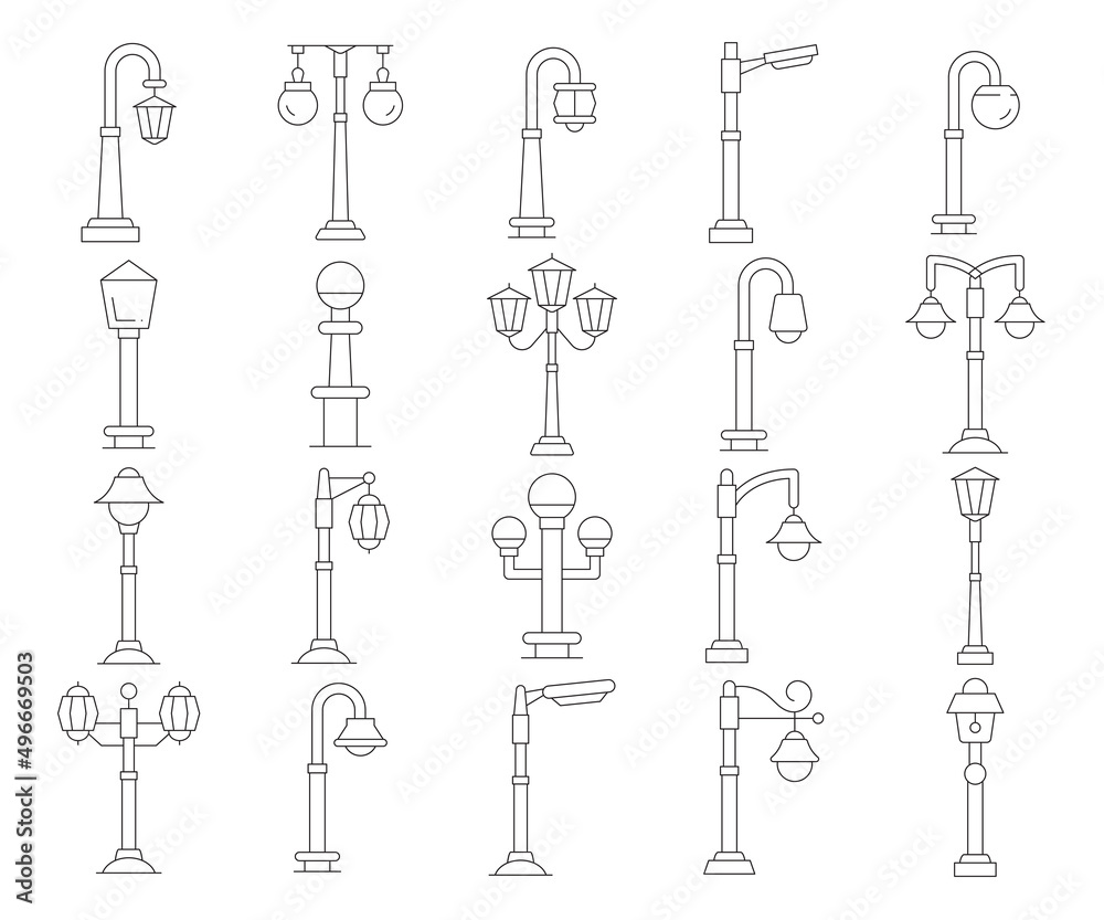street light and lamp icons line illustration