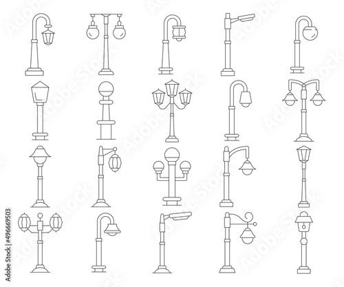 street light and lamp icons line illustration