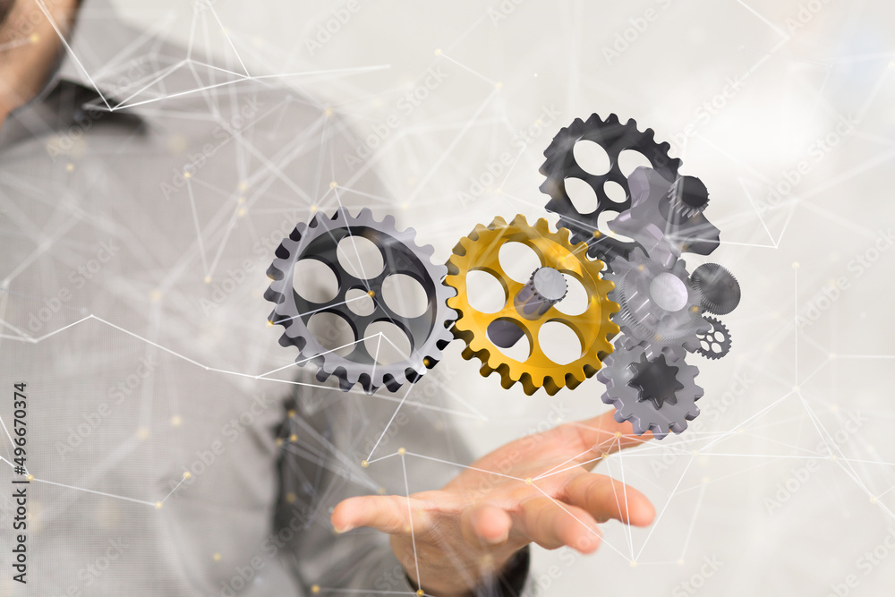 gear system data. Connecting lines and dots.Big data visualization gear system data. Connecting lines and dots.Big data visualization
