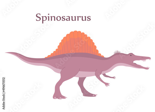 Spinosaurus predatory dinosaur hunter of the Jurassic period. Fin plate on the back. Vector cartoon isolated illustration. White background