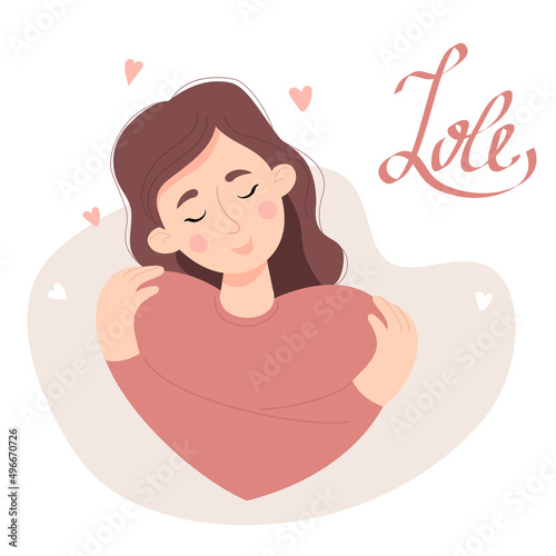 Love yourself. girl in love hugs herself. Vector illustration. Concept Love yourself and find time for yourself, taking care of yourself. Cute character in flat style, pastel colors for theme design