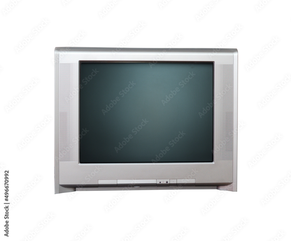 Old silver vintage TV set isolated on white background.
