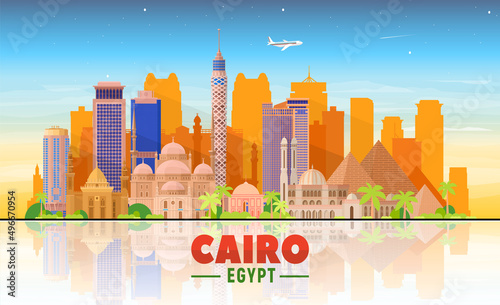 Cairo skyline on a white background. Flat vector illustration. Business travel and tourism concept with modern buildings. Image for banner or web site.