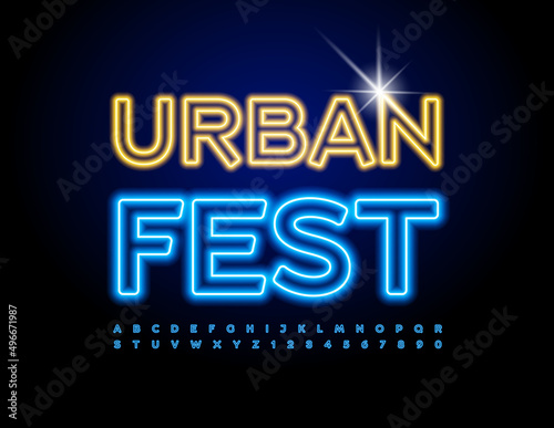 Vector neon banner Urban Fest. Bright Glowing Font,  Blue Alphabet Letters and Numbers