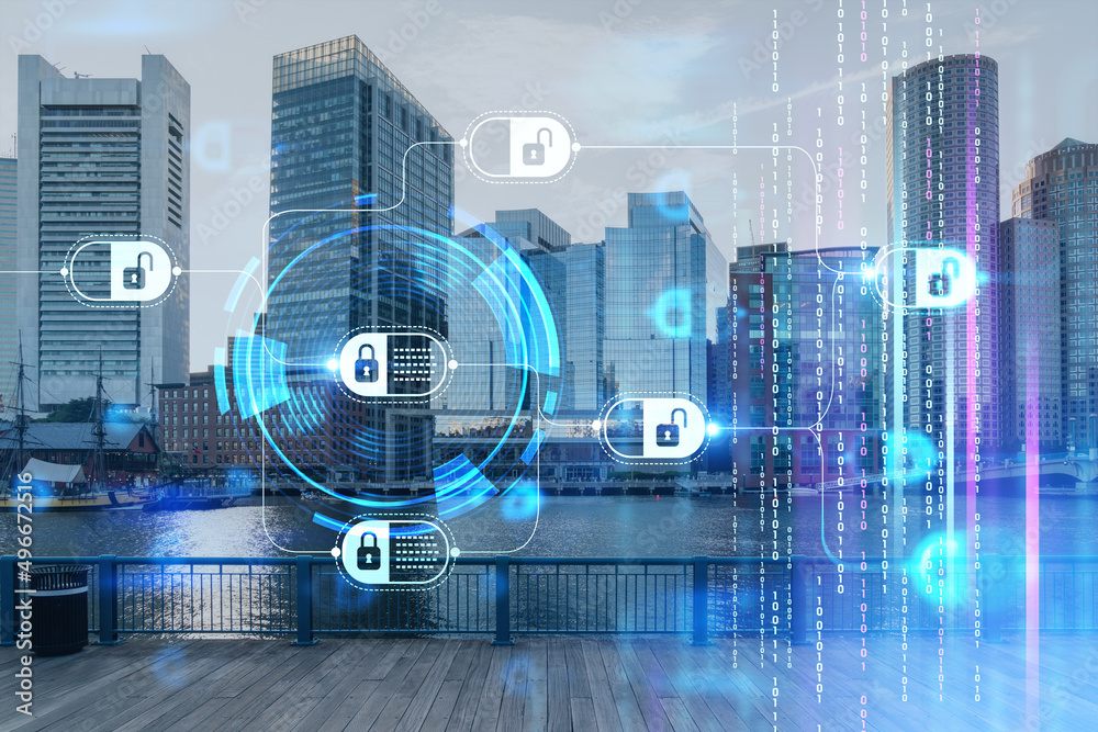 Obraz premium Panoramic picturesque city view of Boston Harbour at day time, Massachusetts. Building exteriors of financial downtown. Technological, educational center. Blockchain and cryptography concept, hologram