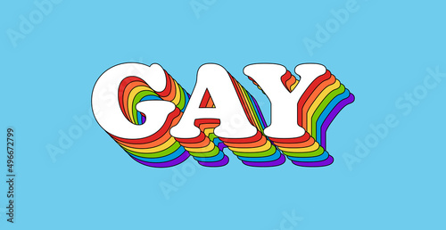 GAY Rainbow Lettering in Retro Style. Rainbow Gay Pride Text Isolated on Light Blue Banner Background. Typography Design Element for Pride Month