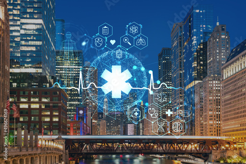 Panorama cityscape of Chicago downtown and Riverwalk, boardwalk with bridges, night time, Chicago, Illinois, USA. Health care digital medicine hologram. The concept of treatment and disease prevention
