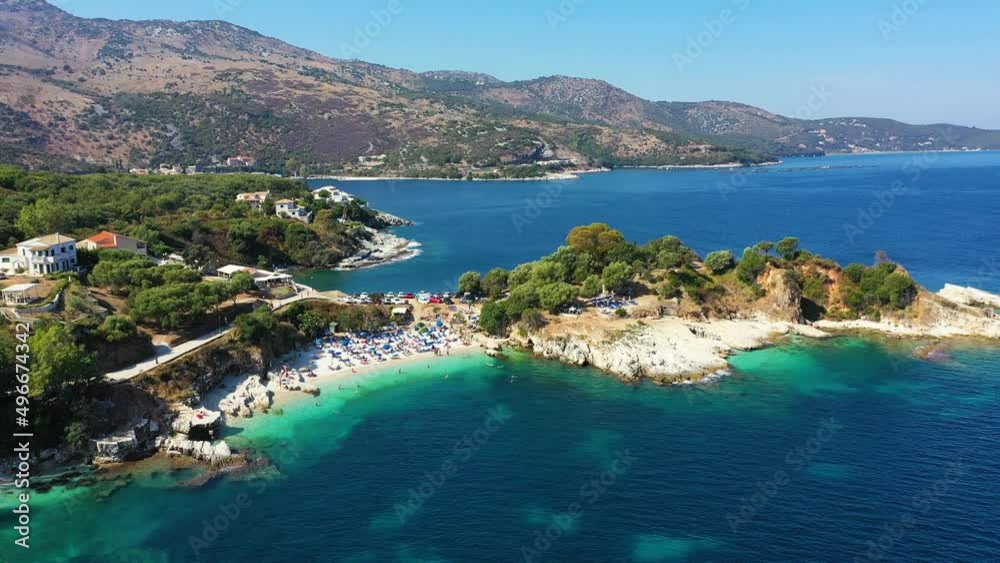 Aerial drone view north east coast with Kanoni, Mpataria and Pipitos beach, Island of Corfu, Greece. Mpataria, Kanoni and Pipitos beach at Corfu Greece during the day. Aerial drone view north east coast with Kanoni, Mpataria and Pipitos beach, Island of Corfu, Greece. Mpataria, Kanoni and Pipitos beach at Corfu Greece during the day.