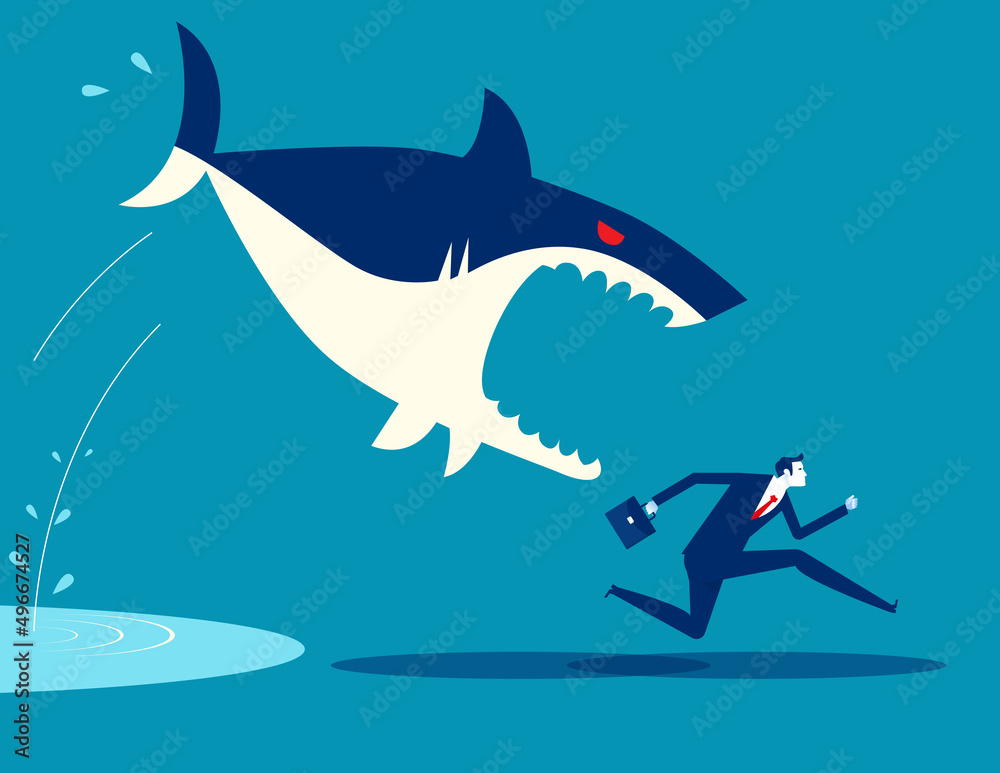 Fototapeta premium Businessman run away from shark. Business vector illustration concept