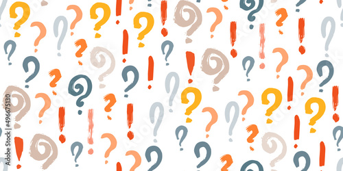 Seamless pattern of question, xclamation marks scattered. Doodle punctuation marks in grunge texture style. Colorful poll template. Design for query background, faq, interrogation, quiz, poll. Vector