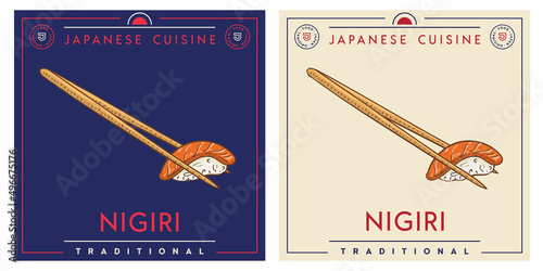 Nigiri salmon in chopsticks - Japanese food