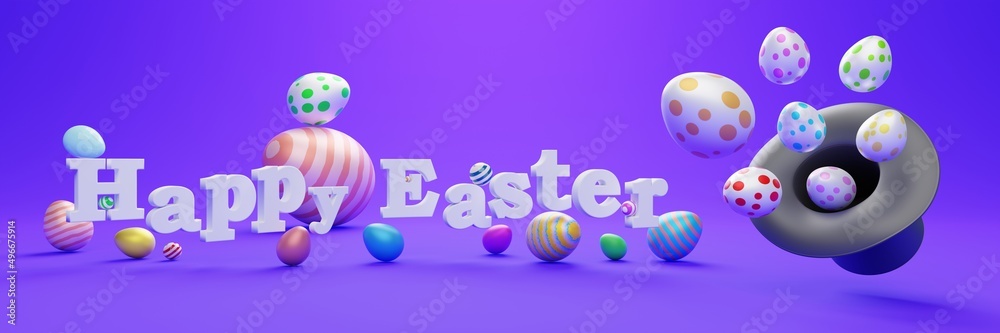 Easter eggs on pink background. 3d render illustration banner