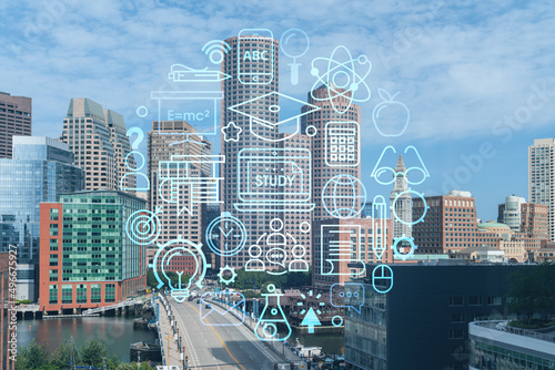 Panorama city view of Boston Harbour at day time, Massachusetts. Building exteriors of financial downtown. Technological and educational concept. Academic research, top ranking universities, hologram photo