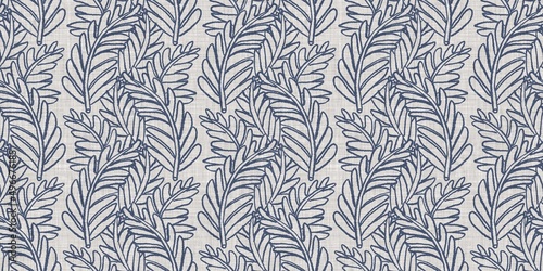 French blue botanical leaf linen seamless border with 2 tone country cottage style motif. Simple vintage rustic fabric textile effect. Primitive modern shabby chic kitchen cloth design.