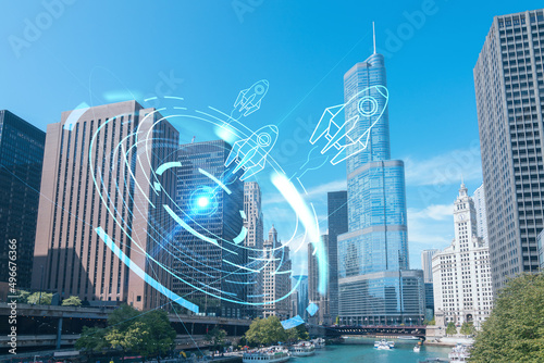 Panorama cityscape of Chicago downtown and Riverwalk, boardwalk with bridges at day time, Illinois, USA. Startup company, launch project to seek and develop scalable business model, hologram